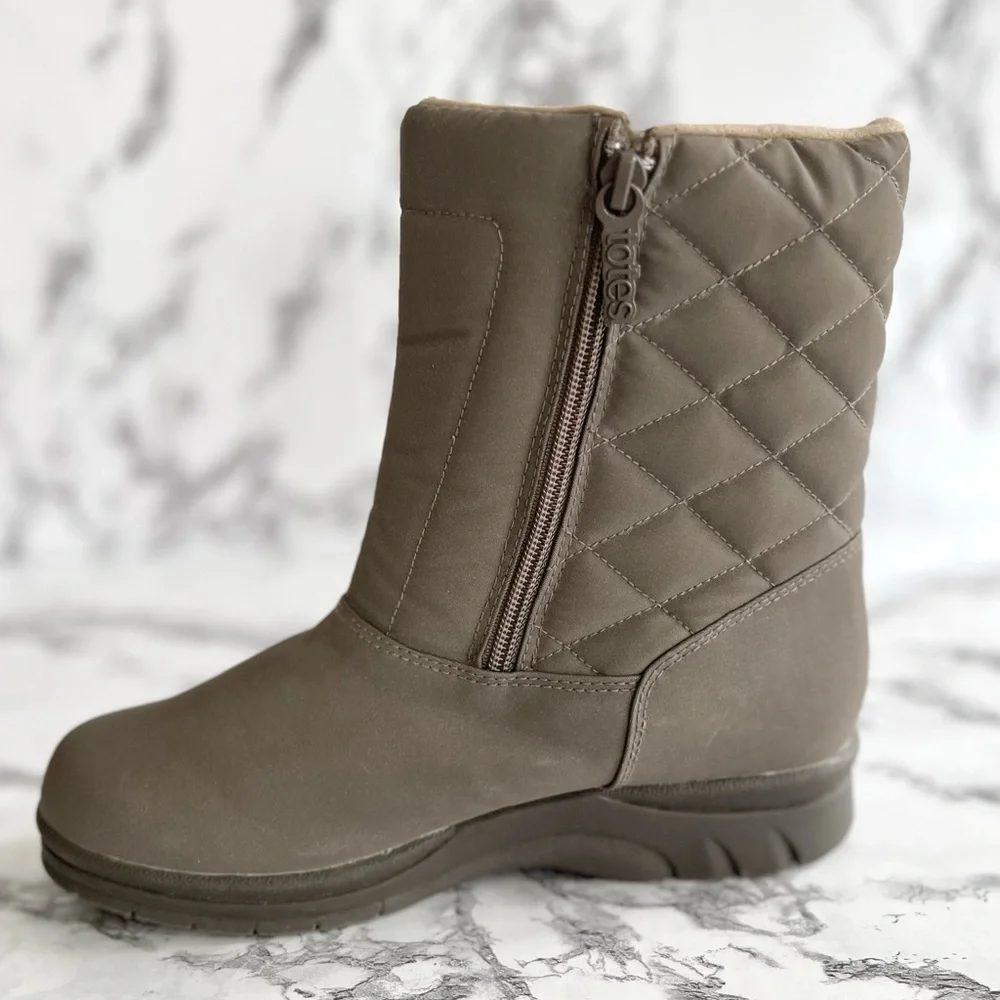 Totes Snow Boots Taupe Quilted Short Waterproof Winter 6